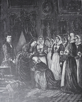 Императрица Мария Александровна благословляет сестёр милосердия, отправляющихся на войну