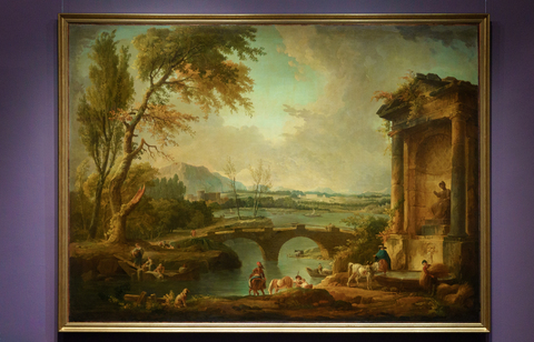 Юбер Робер. «Пейзаж с мостом и статуей в нише здания (Большой пейзаж во вкусе итальянских сельских видов)»