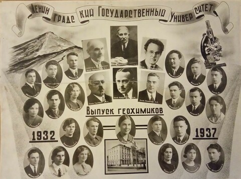 Выпуск студентов геолого-почвенного факультета по специальности геохимия (петрографы, минералоги, кристаллографы) 1937 г. Среди выпускников – В.А. Затоковенко
