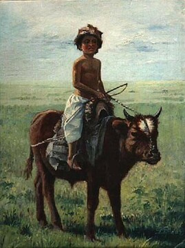 Николай Хлудов.Мальчик на быке. 1907. Картон, масло.