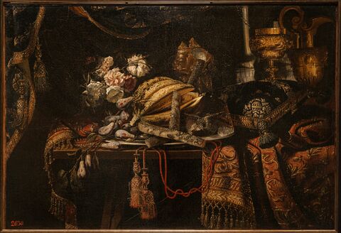 Антонио Тибальди. Натюрморт с ковром, розами, сладостями на серебряном блюде и подушкой