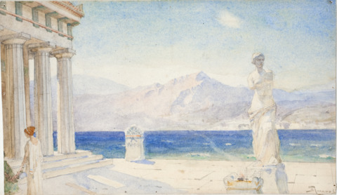 Статуя Афродиты у входа в храм. Эскиз-набросок декорации. 1900-е