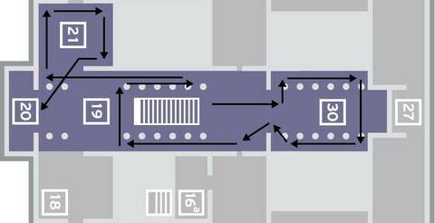 Порядок осмотра: Белый зал -- Левая колоннада -- Правая колоннада -- 21 зал -- 20 зал