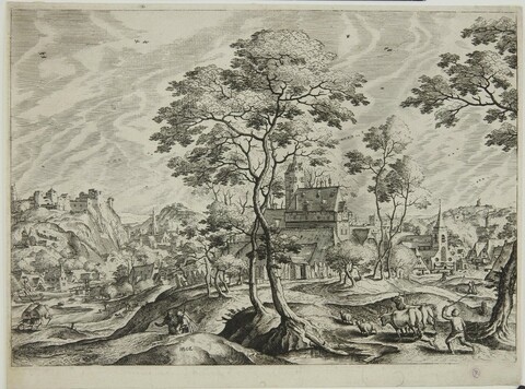 Гравюра «Пейзаж с замком и погонщиком стада»