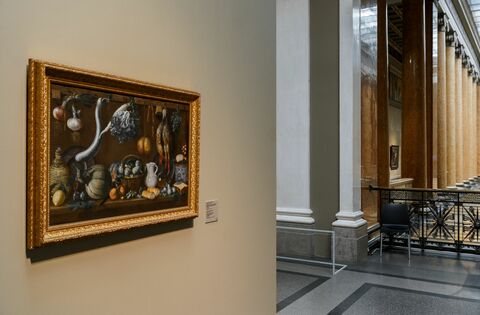 Якопо Кименти да Эмполи. Натюрморт с фруктами, зеленью, двумя неощипанными утками и сыром