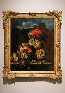 Микеланджело дель Кампидольо (Микеле Паче).  Натюрморт с тыквами и красным попугаем