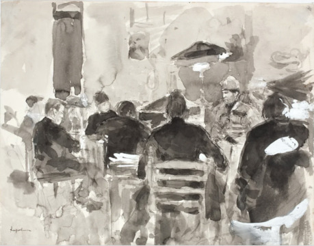 К.А. Коровин. Художники на рисовальном вечере у В.Д. Поленова и натурщик в одежде кавказца (среди художников Е. Д. Поленова и М. В. Якунчикова). 1887