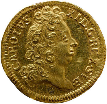 Памятная монета. Швеция. Карл XI (1660–1697). На открытие месторождения золота в Восточном Сильвберге в Даларне в 1695 году. 1 дукат 1695 года. «Гримпенсхъельмдукат»
