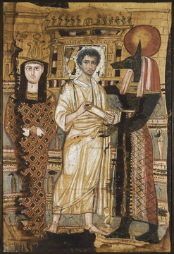 Погребальная пелена с изображением умершего молодого мужчины, Анубиса и Осириса