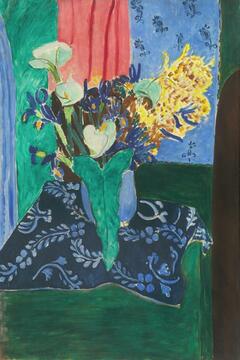 Анри Матисс. «Арумы, ирисы и мимоза (Голубая ваза с цветами на синей скатерти)»